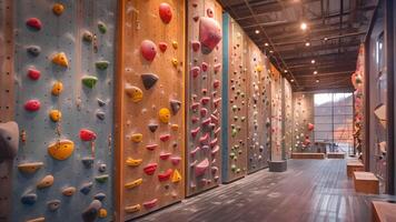 This room with numerous climbing walls for indoor rock climbing activities. video