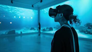 en kvinna engagerar med en virtuell verklighet utställning simulera ett under vattnet scen, omgiven förbi digital hav liv. video