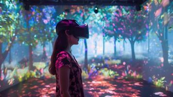 uma mulher carrinhos imerso dentro uma simulado floresta cena através virtual realidade fone de ouvido. video
