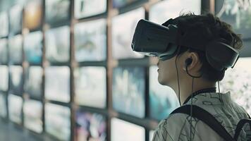 en unge är bär en vr headset, uppslukad i en teknologisk utställning omgiven förbi skärmar visa upp olika innehåll. video