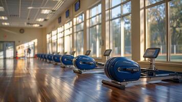 This Exercise bikes lined up in a gym for cycling workouts. Row of Exercise Bikes in a Gym video