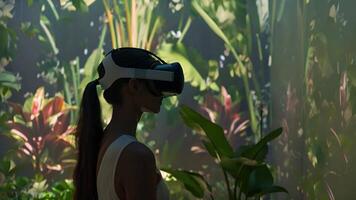 A woman stands amidst vibrant foliage, absorbed in a virtual reality headset, interacting with unseen digital content. video