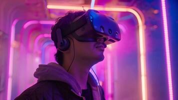 en man nedsänkt i virtuell verklighet teknologi, bär en headset, omgiven förbi neon lampor i en rum. video
