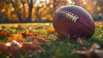 This football sitting motionless on top of a vibrant green field. video