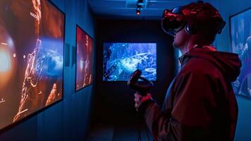 A man engages with interactive digital art using virtual reality equipment in a dimly lit exhibition space. video