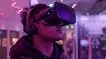 en ung man nedsänkt i virtuell verklighet, bär en headsetet och interagera med en digital miljö. video