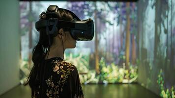 un mujer explora un museo exposición mientras vistiendo un virtual realidad auriculares, inmersión sí misma en el digital ambiente. video