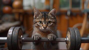 esta dulce gatito perchas en un pesa, agregando un encantador toque a el gimnasio ajuste video