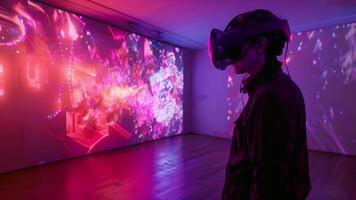 A man standing in front of vibrant lights projected onto a surface. video