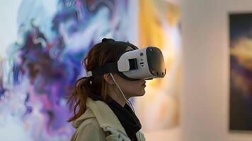 A woman is wearing a virtual reality headset while standing in front of a painting, exploring the artwork in a digital environment. video