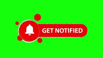 Get notified text banner with notification bell icon, with a green screen or chroma key background. Flat Button alert symbol animation. Button in green screen video