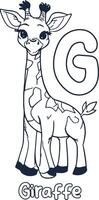 jirafa ilustración negro y blanco jirafa alfabeto colorante libro o página para niños vector