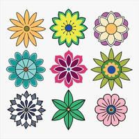 A set of nine different flowers of various shapes and sizes. Each flower has a distinct pattern and color. vector