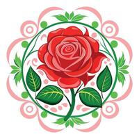 A red rose with green leaves, surrounded by a circular design of red and green swirls. vector