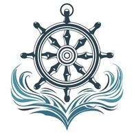 Vintage ship helm with ocean waves vector