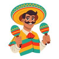 mexicano hombre en sombrero y poncho con maracas en un blanco antecedentes vector