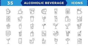 Alcoholic beverages Pixel Perfect icons set. Simple outline cocktails icons isolated on white background. Set includes beer, mojito, whiskey. Icons set for restaurant, pub, bar. vector