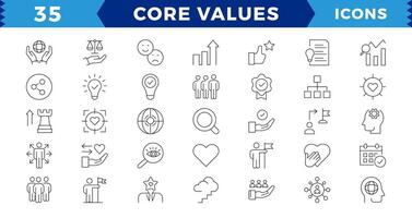 Simple Pixel Perfect Set of Core Values, Goals and Target Related Line Icons. Contains thin Icons as Achievement,will to win, empathy, Aim, Motivation and more. Editable Stroke vector