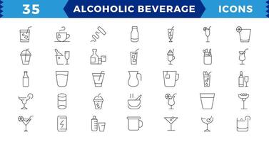 Alcoholic beverages Pixel Perfect icons set. Simple outline cocktails icons isolated on white background. Set includes beer, mojito, whiskey. Icons set for restaurant, pub, bar. vector