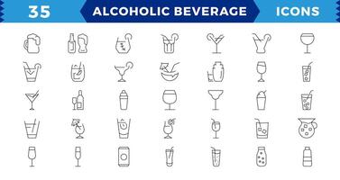 Alcoholic beverages Pixel Perfect icons set. Simple outline cocktails icons isolated on white background. Set includes beer, mojito, whiskey. Icons set for restaurant, pub, bar. vector