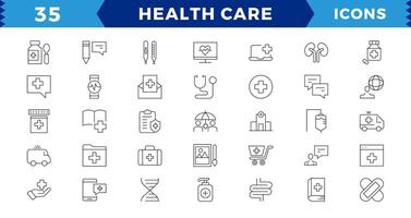 Medicine and Health symbols pixel Perfect Line Icons set. vector