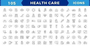 medicina y salud símbolos píxel Perfecto línea íconos colocar. vector
