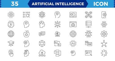 Artificial intelligence Pixel Perfect set of web icons in line style. AI technology icons for web and mobile app. Machine learning, digital AI technology, smart robotic, cloud computing network. vector