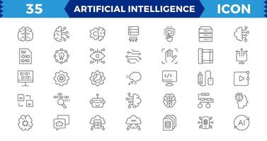 Artificial intelligence Pixel Perfect set of web icons in line style. AI technology icons for web and mobile app. Machine learning, digital AI technology, smart robotic, cloud computing network. vector