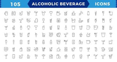 Alcoholic beverages Pixel Perfect icons set. Simple outline cocktails icons isolated on white background. Set includes beer, mojito, whiskey. Icons set for restaurant, pub, bar. vector