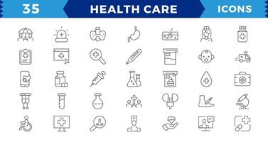 Medicine and Health symbols pixel Perfect Line Icons set. vector