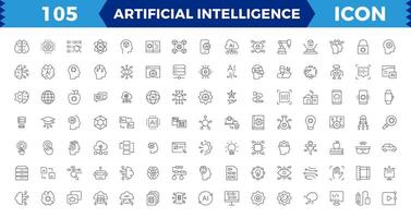 Artificial intelligence Pixel Perfect set of web icons in line style. AI technology icons for web and mobile app. Machine learning, digital AI technology, smart robotic, cloud computing network. vector