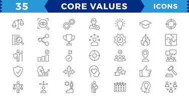 Simple Pixel Perfect Set of Core Values, Goals and Target Related Line Icons. Contains thin Icons as Achievement,will to win, empathy, Aim, Motivation and more. Editable Stroke vector