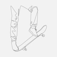 one continuous line drawing of skateboarding. legs with trousers wearing shoes riding a skateboard. editable stroke. graphic illustration. vector