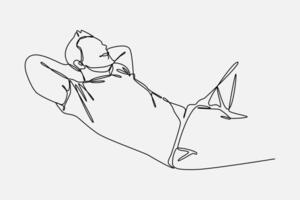 Continuous one line drawing of man relaxing, lying down. Editable stroke. illustration in white background. vector