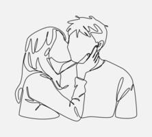 One line art of girl kissing her boyfriend cheek. Editable stroke. illustration with white background. vector