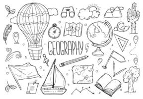 Geography doodle set. Education and study concept. map, globe, compass in sketch style. Hand drawn illustration isolated on white background vector