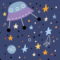 Space background for Kids. Seamless Pattern with cartoon spaceships, planets, stars, comets and UFOs. vector