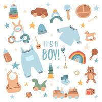 Set of cute boho baby objects in Scandinavian style. Baby shower invitation. It's boy. Cartoon doodle kids clipart. vector