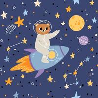 Seamless childish pattern with bear, planets, rockets and stars. Creative kids texture for fabric, wrapping, textile, wallpaper, apparel. vector