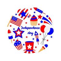 4to de julio Estados Unidos independencia día tarjeta. lindo, simple, mano dibujado plano dibujos animados estilo. gráficos en americano bandera. vector