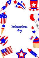 4th of July USA Independence Day card. Cute, simple, hand drawn flat cartoon style. Graphics in American flag. vector