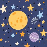 mano dibujado cosmos modelo. linda planetas, estrellas y cometas resumen patrones. Perfecto para niños tela, textil, guardería fondo de pantalla. vector