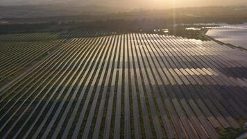 Large Field of Photovoltaic Solar Panels at Sunset in Portugal. Sunlight Reflection. Aerial View. Drone Moves Forward video