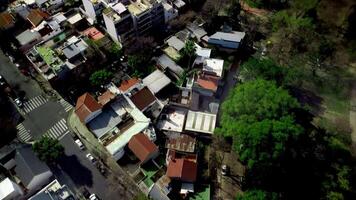 Aerial view on suburban buildings, houses architecture in town. video