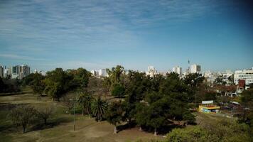 Aerial view on park, green leaf trees and high city buildings, sky. video