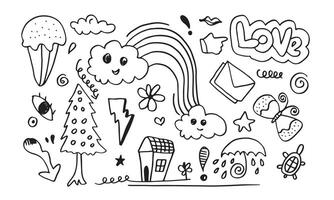 hand-drawn cute doodle set on white background. doodle design elements.doodle kids for decoration and coloring page. vector