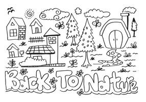 Back to nature hand lettering.Concept background with hand drawn house, birds, leaves, clouds, grass and other elements for banner. vector