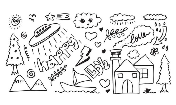hand-drawn cute doodle set on white background. doodle design elements.doodle kids for decoration and coloring page.