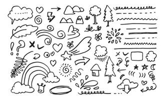 Hand drawn doodle design elements, black on white background. wind, swoops, emphasis, Arrow, crown, line, hill. doodle sketch design elements vector