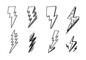 set of hand drawn doodle electric lightning bolt symbol sketch illustrations. thunder symbol doodle icon. vector